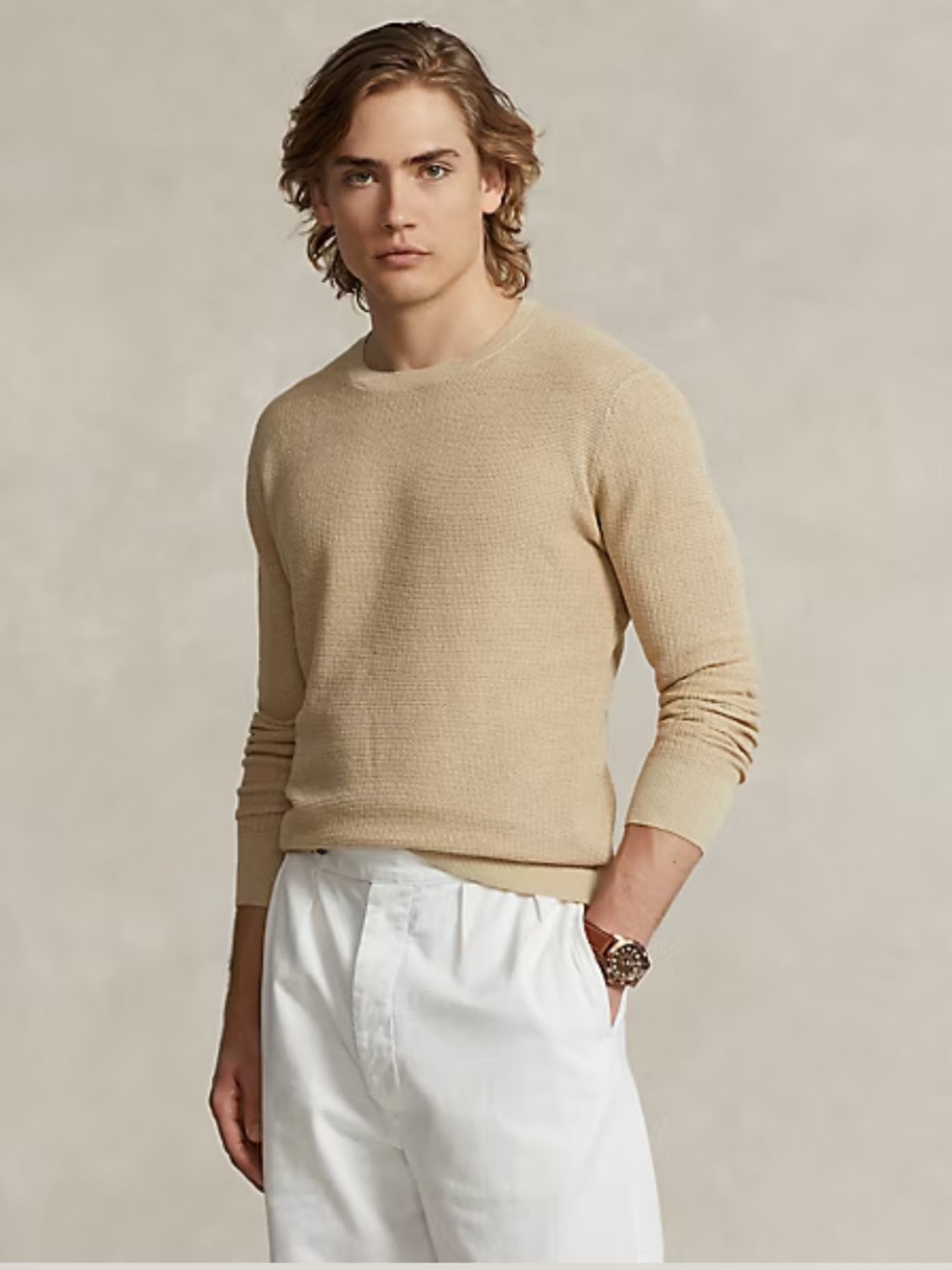 Polo Ralph Lauren Textured Linen Crewneck Sweater L Beige Tan Old Money Coastal